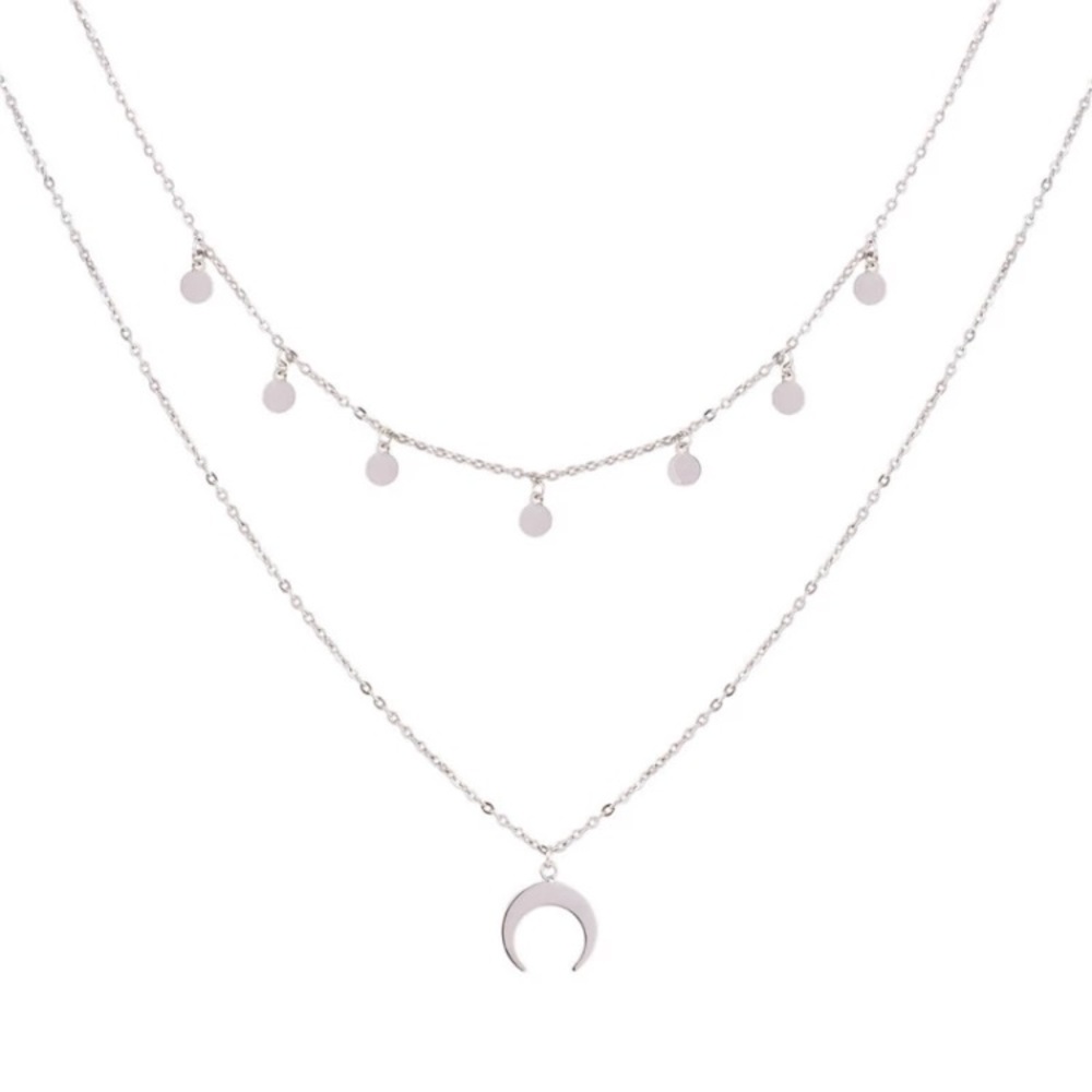 Silver Boho Moon Double Chain Necklace - Picture 2 of 3
